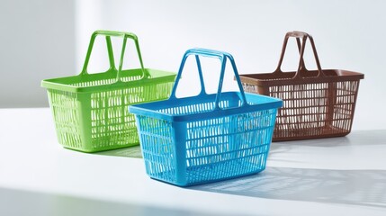 Fototapeta premium Colorful Plastic Shopping Baskets: Green, Blue, Brown Containers for Retail, Storage, and Household Use