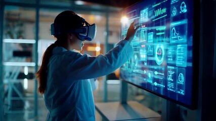 A woman in a lab coat and virtual reality headset is interacting with a large digital screen. She is focused on the screen, surrounded by a complex array of digital interfaces. - Powered by Adobe
