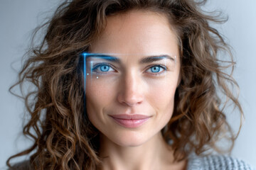 Facial recognition technology analysis on a woman with curly hair and blue eyes
