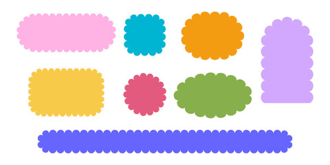 Plakat Set of cute colorful geometric forms with scalloped edges. Shapes with frilly borders. Empty laced box, sticker, tag or label templates isolated on white background. Vector flat illustration.