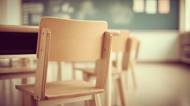 Classroom Interior with Empty Wooden Chairs and Desks, Perfect for Educational Themes and Back to School