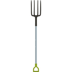 Single Gardening Pitchfork Tool with Metal Shaft and Green D Handle on White Background Isolated Object Agricultural Equipment Farming Supply