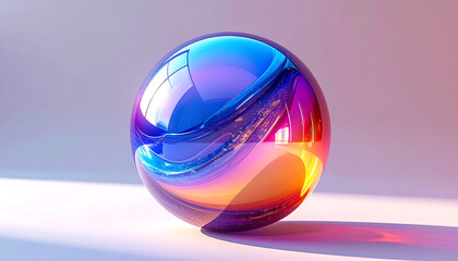 A glossy, iridescent orb with vibrant blue, purple, and orange reflections on a minimalist background.