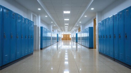 Obraz premium Empty School Hallway with Blue Lockers: Interior Architecture and Educational Institution Environment
