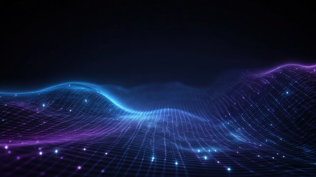 Abstract Digital Landscape with Wavy Grid and Particle Effects for Technology and Data Visualization