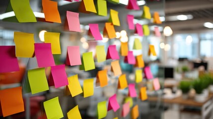 Colorful Sticky Notes on Glass Wall in Modern Office, Brainstorming and Planning Sessions, Teamwork