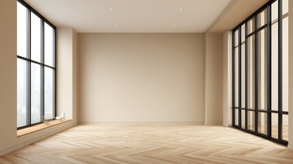 Obraz premium Bright Empty Room with Large Windows and Herringbone Floor for Interior Design Mockup