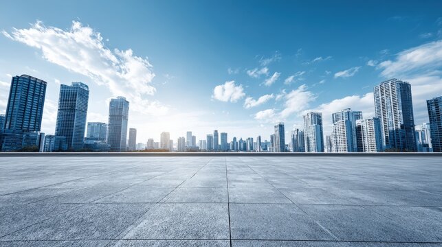 Urban Skyline Panorama: Modern Cityscape with Concrete Surface Under a Bright Blue Sky, Featuring High-Rise Buildings
