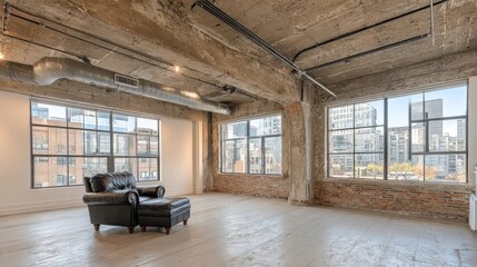 Urban Loft Interior with Exposed Concrete, Large Windows, and a Stylish Leather Armchair