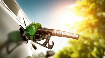 Car Refueling with Green Handle Gas Pump Nozzle on a Sunny Day Promoting Environmental Awareness