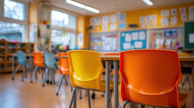 Vibrant Elementary School Classroom with Colorful Chairs and Learning Environment Ready for Students