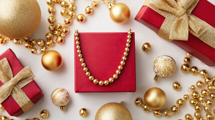 Elegant Gold Beaded Necklace with Red Gift Boxes and Christmas Ornaments