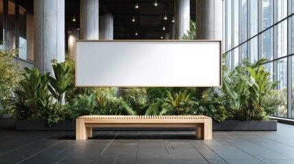 Modern Office Lobby with Blank Billboard Mockup, Bench Seating, Lush Greenery, and Natural Light for Advertising