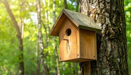Wooden birdhouse mounted on a tree in a sun-dappled forest