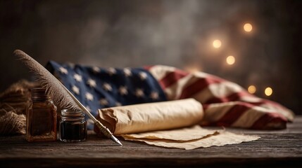 Patriotic Still Life with Quill Pen, Inkwell, and Scroll on Wooden Table Against Bokeh Background
