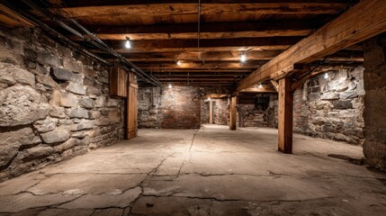 Fototapeta premium Spacious Rustic Basement with Stone Walls, Wooden Beams, and Concrete Floor for Renovation or Creative Projects