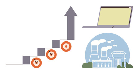 Growth chart staircase with upward arrow and targets, open laptop, energy plant in background. Ideal for progress, industry, technology, development, strategy analytics success. Simple flat
