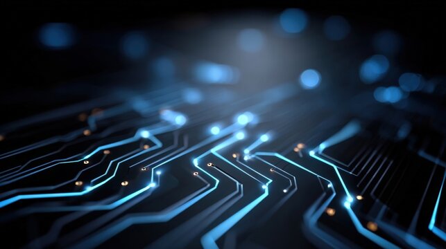 Abstract Circuit Board Design with Blue Light Trails, Representing Technology and Innovation, High Tech Background