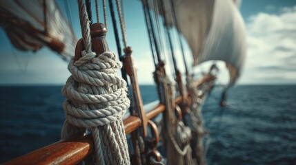 Obraz premium Tall Ship Sailing Adventure: Nautical Rope Detail on Classic Sailboat with Ocean View