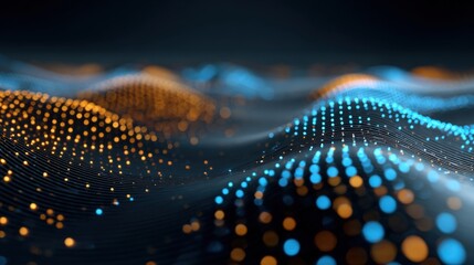 Abstract Data Visualization with Blue and Orange Glowing Particles Forming Wavy Structures on Dark Background