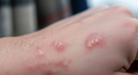 Naklejka premium Close-up of a persons hand showing a rash with red, raised bumps and dry, flaky skin.