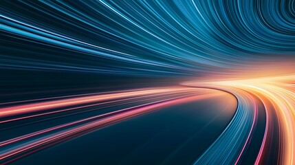 Fototapeta premium The image displays long exposure light trails in swirling patterns ranging from cool blues at the top to warm oranges near the lower center, creating a dynamic and futuristic feel.