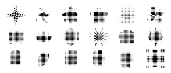 Set of trendy black shapes with pixel, halftone or grainy texture isolated on white background. Dotted star and flower, arch and petal, crown and sun modern y2k forms. Vector graphic illustration.