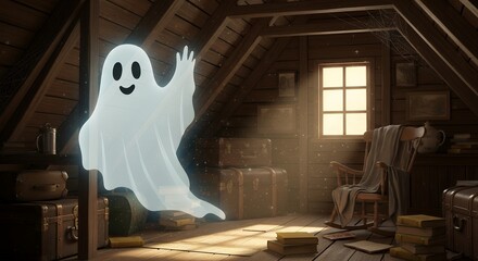 Cute Transparent Ghost Floating in Cozy Attic Room with Wooden Walls and Sunlight
