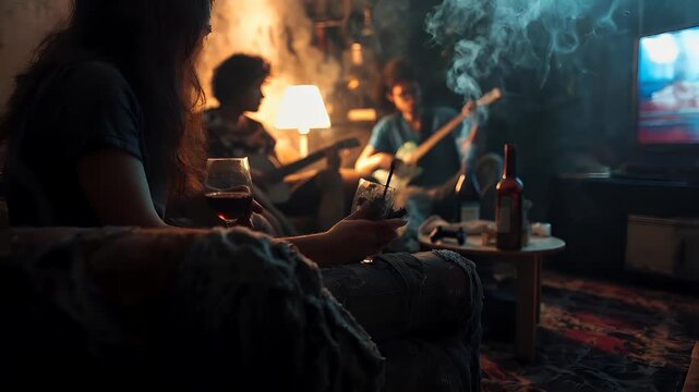 Blunt, detailed, closeup shot of two individuals engrossed in a cozy indoor setting, with a warm, ambient light illuminating the scene. The main subject is a woman with long hair.