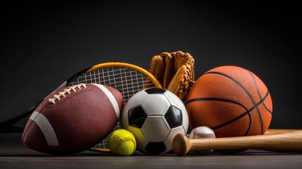 Assorted Sports Equipment Composition Featuring Football, Baseball, Basketball, Soccer Ball, Tennis Racket, and Baseball Bat