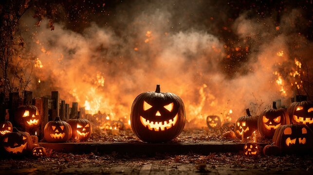 Carved pumpkins with scary faces in a smoky firelit outdoor setting. - Powered by Adobe