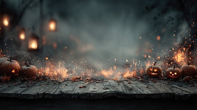 Halloween pumpkins on a wooden surface with spooky background and glowing lights.