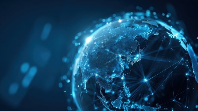 Global Network Visualization: Abstract Rendering of Earth with Connected Data Points and Futuristic Elements