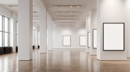 Obraz premium Bright Art Gallery with Blank Frames on Walls and Polished Wood Flooring Displaying Modern Art