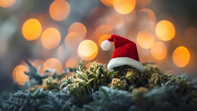 Marijuana cannabis topic concept. A festive scene featuring a red Santa hat amidst a backdrop of bokeh lights. The Santa hat is the central focus.