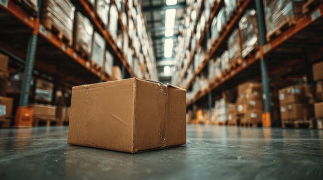 Brown Cardboard Box in Warehouse Aisle, Logistics and Distribution Center for Shipping and Delivery