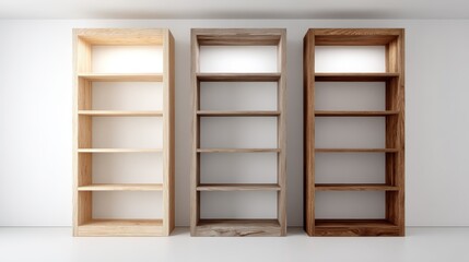 Three wooden bookshelves in varying wood tones, minimalist design, empty shelving, against a clean white wall