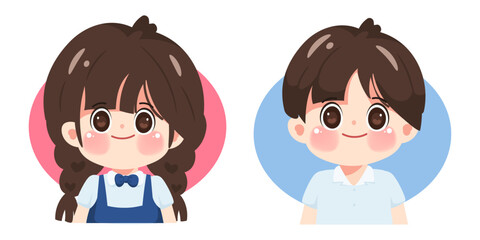 Happy cartoon cute student girl and boy animated character hand draw art illustration. Premium vector design.	
