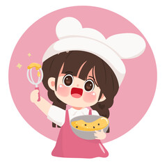 Happy cartoon cute girl cooking animated character hand draw art illustration. Premium vector design.	