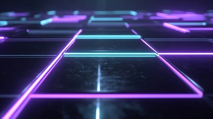 Futuristic Grid with Neon Lights: Abstract Technology Background with Glowing Lines and Geometric Shapes