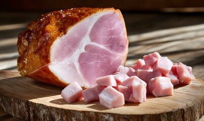 A half-cut cooked ham with a realistic cross-section, surrounded by small cubes of cooked ham placed in front of it