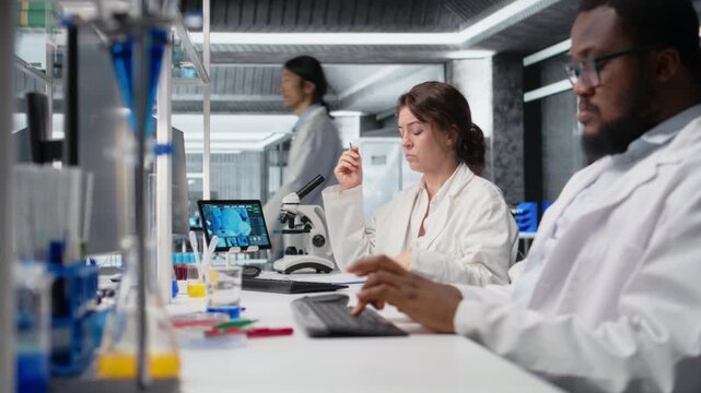 Scientist records observations from laboratory experiment for research documentation and validation of clinical results. Woman doing data logging, taking notes, confirming lab findings, camera A