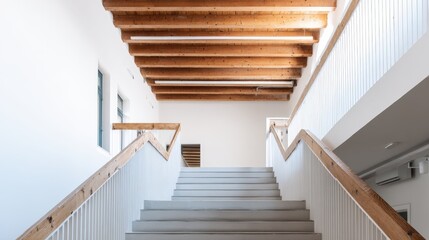 Modern Staircase Leading Upward with White Walls and Wooden Ceiling Beams in a Minimalist Interior