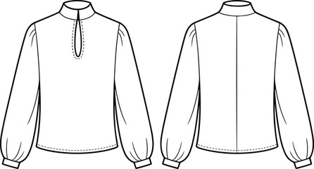 High neck blouse fashion sketch, keyhole neckline design, puff sleeve garment template, technical clothing drawing, apparel vector outline, cad drawing flat vector illustration