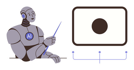 Humanoid AI robot gesturing at a screen with a pointer, emphasizing data-based communication. Ideal for AI, teaching, education, robotics, technology, machine learning, digital trends simple flat