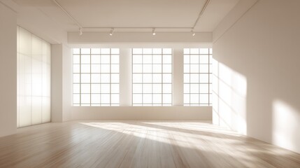 Obraz premium Bright and Airy Empty Room with Large Windows and Hardwood Floors, Ideal for Studio or Showroom