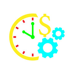 ime Is Money Icon Element For Design Black and white vector icon showing a hand holding a clock, dollar sign, and gears symbolizing time management, business efficiency, and financial productivity.