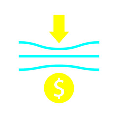 Minimal line art icon. showing a downward arrow and dollar sign representing cost reduction, savings, and operational efficiency in business or industry.