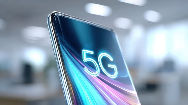 5G Mobile Device with Abstract Screen Display in Modern Office Environment, Telecommunications Technology