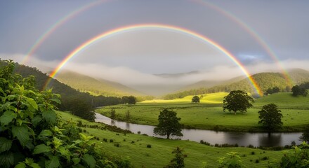 Fototapeta premium Double Rainbow Over Green Hills and River Scenic Landscape in Nature